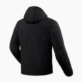 REV'IT! Traffic H2O, una giacca softshell nera con cappuccio. Protezione SEESMART CE e sistema impermeabile.